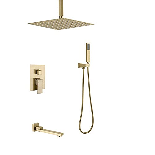 CPYGMXI Dual-Function Mixer Shower Kit Brushed Gold Bathroom Rainfall Shower Kit 10 in Square Shower Heads, Ceiling Mount-A