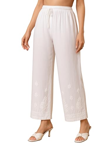Image of POSHAK CHIKAN STUDIO Women's Hand Embroidered Lucknowi Chikankari Modal Palazzo White