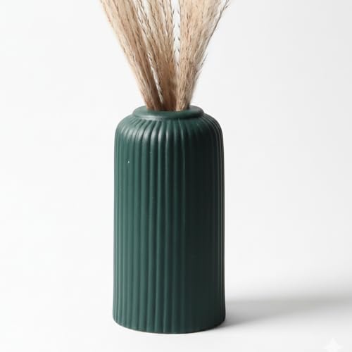 Image of KREATIVE ART'S Modern Ribbed Design Ceramic Flower Vase for Living Room, Flower Pots for Artificial Flower, Home Decoration Item, Home Decor, Vases for Living Room (Dark Green, Small)