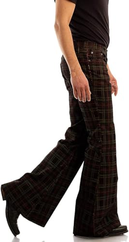 Men's Checked Corduroy Vintage 70s Bell Bottom Stretch Fit Classic Comfort Flared Flares Retro Leg Disco Pants Trousers4