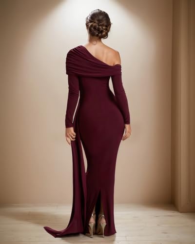 Jamille Women's One Shoulder Formal Dress Satin Mermaid Prom Dresses Long Sleeve Ruched Evening Gown with Cape JA02244