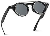 Flip up Cyber Steampunk Round Circle Retro Sunglasses (Black/Silver Rimmed, 43)
