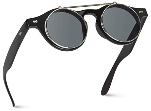 WearMe Pro Flip up Cyber Steampunk Round Circle Retro Sunglasses (Black/Silver Rimmed, 43)