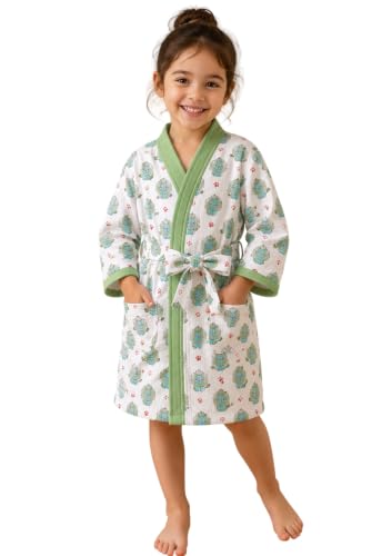 Image of Hand Block Print Waffle Cotton Fabric Kid's Bathrobes Loungewear lightweight Traditional Handblock Printed Bathrobe For Boy & Girls (Suitable for kids 9 to 12 years old) Green