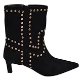  Malu Shoes Stivaletto Tronchetto Donna a Punta camoscio Nero con Borchie Oro tonde Tacco Kitten 3 cm Zip (39 EU)