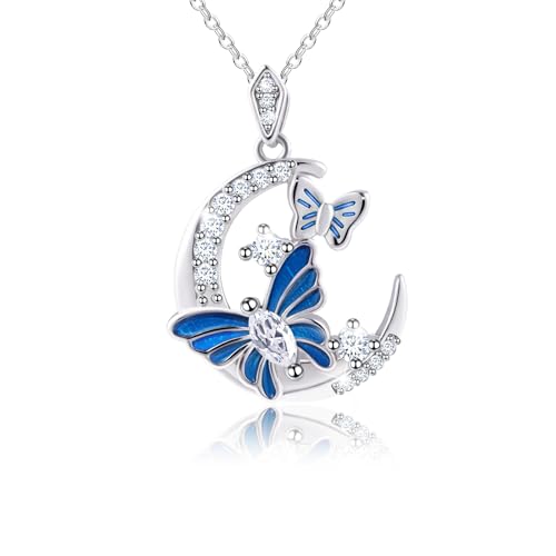 CZ Moon and Butterfly Necklace for Women S925 Sterling Silver Enamel Blue Butterfly Animal Pendant Moon Jewelry Birthday Anniversary Valentines Gifts for Wife Girlfriend Mom