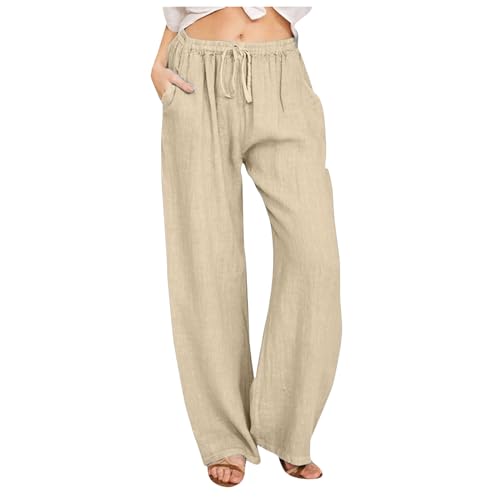 Linen Trousers Womens Summer Palazzo Trousers for Women UK Elastic High Waist Drawstring Beach Pants with Pockets Ladies Loose Fit Wide Leg Black Trouser