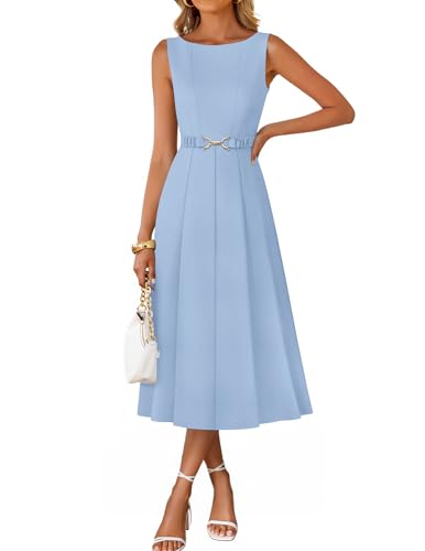 Image of ZESICA Women Summer Sleeveless Midi Dresses 2026 Elegant Boat Neck A Line Tie Waist Spring Cocktail Party Dress