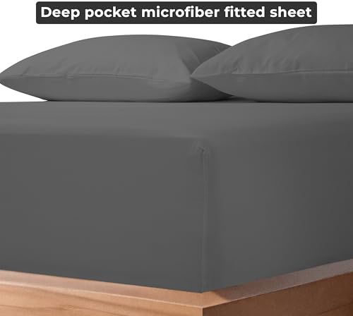 Image of Royale Linens 2 Pack Fitted Sheet - Elastic Sheets - Full Fitted Sheet Only - Soft & Breathable - Brushed 1800 Microfiber - Stain Resistant - Hotel Quality Deep Pocket Stretches Up to 16 inch (Full, Grey)
