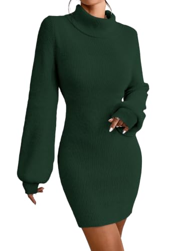 Image of Turtleneck Sweater Dress for Women Lantern Sleeve Mini Bodycon Ribbed Knit Sweater Pullover Short Dresses XS-XXL