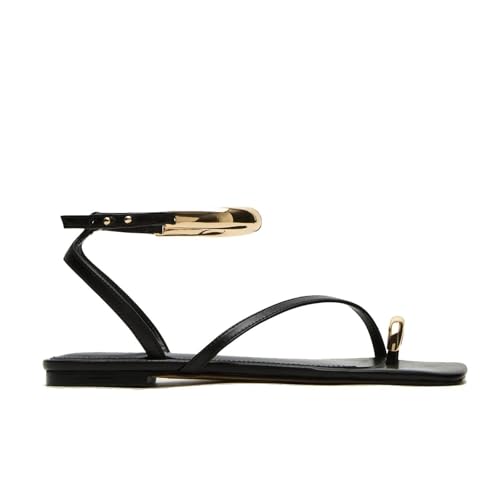 Toe Ring Flats Sandals for Women Square Toe Strappy Flat Sandals Casual Summer Shoes - Main Image