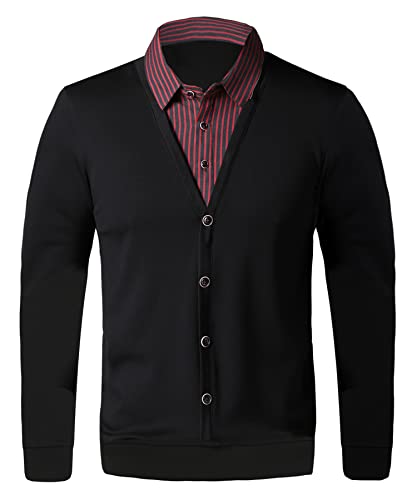 Yukirtiq Homme 2 in 1 Sweatshirt avec Faux col de Chemise Manches Longues Pull en Sweat Slim Fit Sweat-Shirt à Col en V Confortable Hiver Chaud Cover