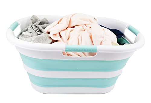 Sammart 40L (10.5 Gallon) Collapsible Plastic Laundry Basket - Foldable Pop Up Storage Container/Organizer - Portable Washing Tub - Space Saving Hamper/Basket (White/Lake Green) #TOP4