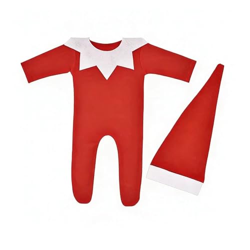 Image of ForBaysy Newborn Baby Christmas Photo Props Infant Photoshoot Costume Red jumpsuit With Xmas Hat