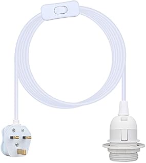 Teynewer Ceiling Pendant Light Fitting, E27 Screw Lamp Holder with Switch Suspended & Lock Ring for Shade, 2 Core Extension Cable UK Plug Pendant Light Fitting Kit (3m, White)