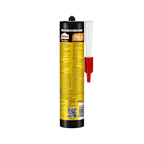 Pattex Montagelijm alle materialen, sterk hechtende alleslijm, krachtlijm voor binnen en buiten, lijm voor absorberende en niet-absorberende materialen, 1 x 450 g - Afbeelding 3