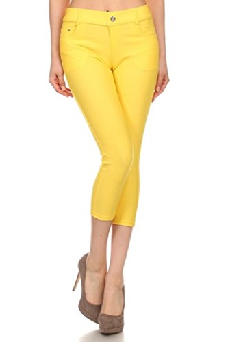 YELETE Women's Classic Solid Capri Jeggings (Yellow, Small)2