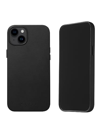 Mujjo Leather Phone Case - Fits iPhones 15 Plus and 14 Plus - MagSafe Compatible - Premium European Leather - Enhanced & Camera Lens Protection - Crafted with Recycled Materials - Slim Profile - Black
