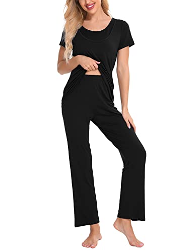 Lecgee Women's Maternity Nursing Pajamas Sets Breastfeeding Printed Sleepwear Short Sleeve 2 Pcs Top And Pants Set Black #TOP2