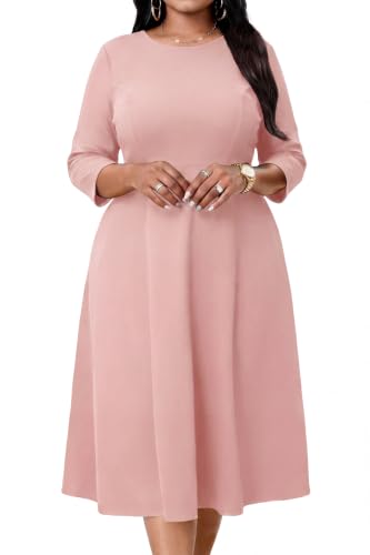 Image of Runwind Women's Plus Size Midi Dress Classy High Waist Wedding Guest Dress Casual Crew Neck 3 /4 Sleeve A-Line Swing Dresses