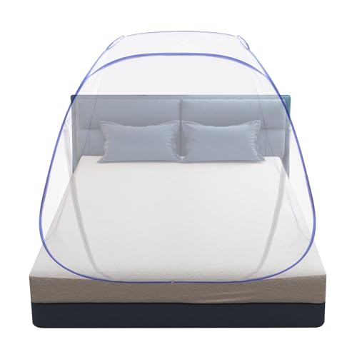 Mosquitera plegable para cama, mosquitera portátil, cierre completo de 360°, malla fina, diseño cuadrilateral, doble cremallera, azul, 200 x 180 x 145 cm, para reina de 1,8 m