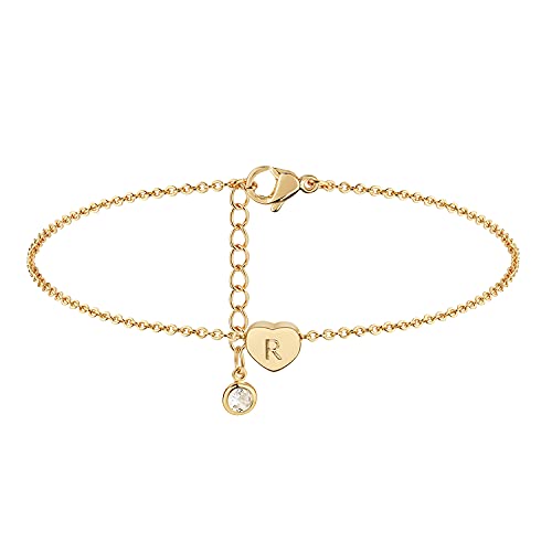 MTMY Heart Initial Anklets 14K Gold Plated Dainty Tiny Cute Simple Beach Alphabet Initials A-Z 26 Letter Name Boho Anklets Personalized Jewelry for Women Letter R