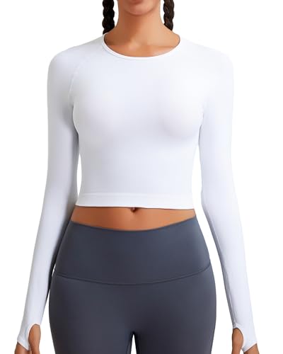RUNNING GIRL Long Sleeve Workout Tops for Women Soft Crew Neck Basic Tight Cropped Top Casual Seamless Shirt