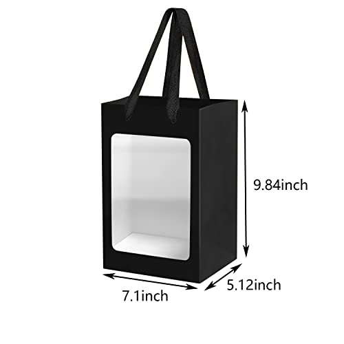 BallHull 12 Pcs Black Kraft Paper Gift Bags with Transparent Window, 9.84\"x7.0\"x5.12\" Kraft Shopping Bags with Handles for Bouquet Christmas Birthdays Festivals Party Weddings Wrapping