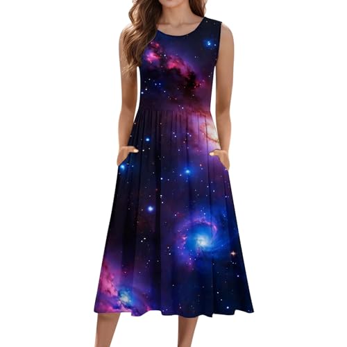 Generisch Vestido de mujer casual sin mangas con estampado de cielo estrellado y bolsillo, azul oscuro, M
