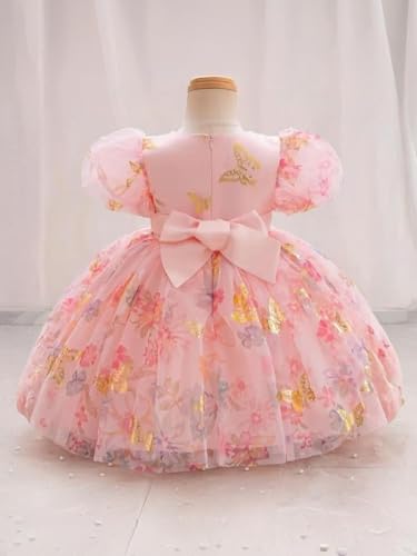 Image of Niren Enterprise Baby Girls Fit And Flare Knee Length Gold Foil Butterfly Puff Sleeve Bowknot Princess Gown Dress for Special Occasions