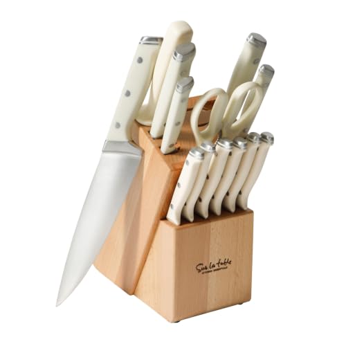 Sur La Table Kitchen Essentials Knife Set with Block 14-Piece Forged German Steel Kitchen Knives Beech Wood Block Chef Santoku Bread & Steak Knives Shears & Sharpener Linen White