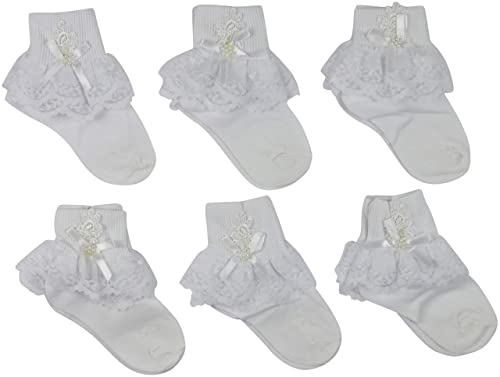 ToBeInStyle Girls' and Infants' Pack of 6 or 12 Ankle Socks with Lace Ruffle Trim and Ribbon2