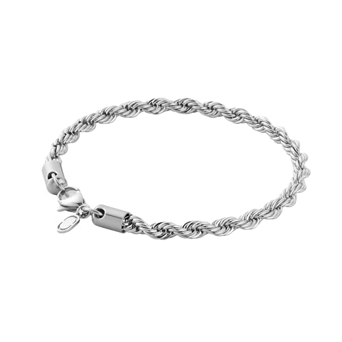 CRAFTD - Silver Rope Link Bracelet - Durable 316L Stainless Steel & Rhodium - Waterproof, Heat & Sweat Resistant - Gifts for Men - Men's Jewelry - Size 5MM - Length 7.5