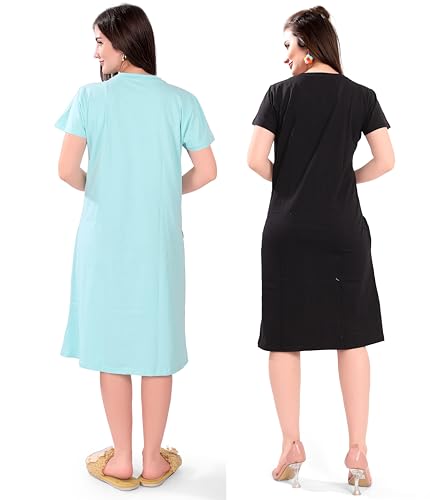 Image of Printed Knee Length Pocket Night Dresses for Women | Cat Lover | Premium Soft Cotton Nighty | Blue and Maroon