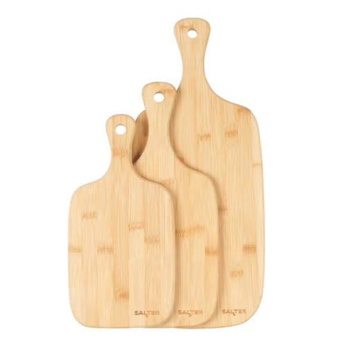 Salter BW06732 Trio De Tablas De Madera, Hecho De Bambú, Para Cortar, Preparar y Filetear Alimentos o Usar Como Charcutería Para Presentar Quesos, Embutidos o Patés, Resistentes, 30/35/45 cm