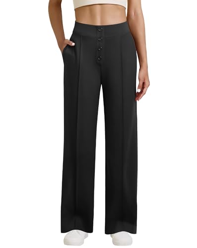 Womens Wide Leg Business Casual Pants High Waisted Button Pull On Dress Work Pants with Pockets