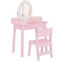 Maxmass Kids Vanity Table and Chair, Children Dressing Table with 2-Color LED Lights & Removable Mirror, Tree-Shaped Jewelry Organizer, Drawer, Princess Makeup Table for 3-8 Years Old