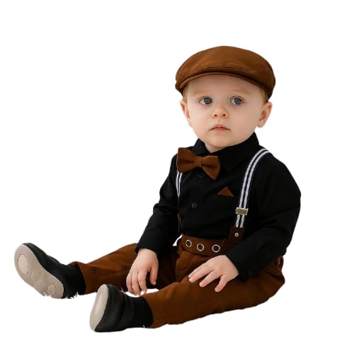 bleckz someak Boys Kids Formal Suspenders Outfit Set – 5-Piece Party Dress with Khaki Trousers, Black Shirt, Suspenders, Bow Tie & Cap | Suit Set For Baby Boy-picture-21