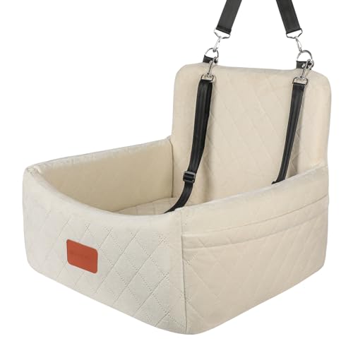 WOOAIDAGG Dog Car Seat for Under 30lbs Dogs,Comfy Febric Fill in Memory Foam,Washable and Detachable Pet Travel Car Bed,Anti-Slip Bottom,2 Safety Leashes & Storage Pockets(Beige)