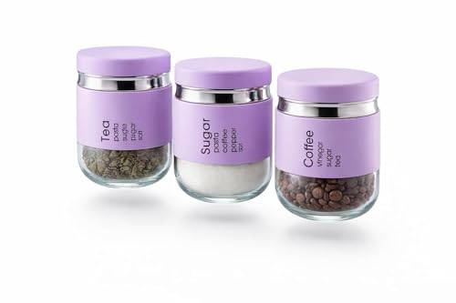 MIRTONICS 350ml Canister Set of 3 | Premium Glass Jars with Stainless Steel Lids | Airtight Kitchen Storage Containers for Tea, Coffee, Sugar | Spices Masala Organizer (350ml_P_Lid Set of 3)