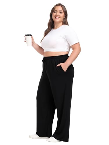 Women's Plus Size Wide Leg Pants Elastic Waist Casual Pants Summer Loose Fit Sweatpants with Pockets Drawstring2
