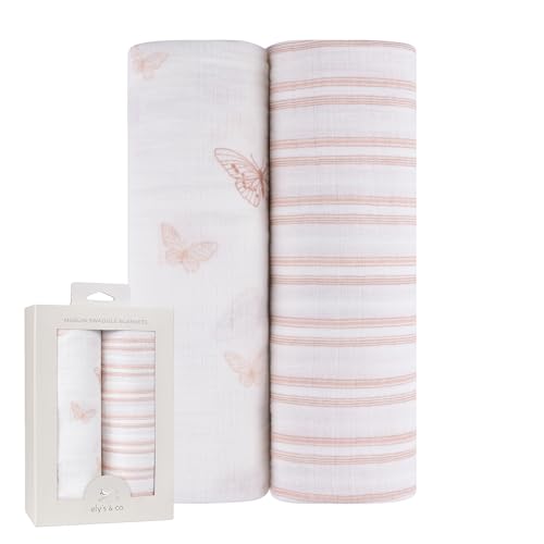 Image of Ely's & Co. Muslin Swaddle Blankets 2-Pack for Baby Girl, 100% Cotton Muslin Extra Large Swaddle Receiving Blankets, 47”x47” (Pink Butterflies + Stripes)