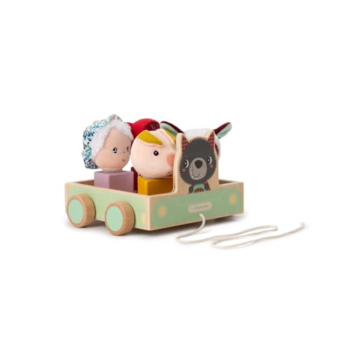 LILLIPUTIENS Carrello a cubi Auto per Tirare con 4 Personaggi di Fiabe per Il risveglio dei più Piccoli-Giocattolo in Legno e Tessuto, stimola Le capacità motorie-da 12 Mesi 83470, Multicolore