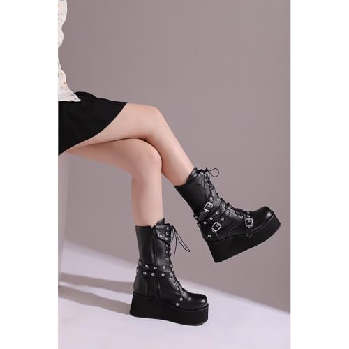 Womens Buckles Straps Boots Lace Up Mid Calf Booties Wedge Heel Platform Round Toe Combat Punk Goth Short Booties3