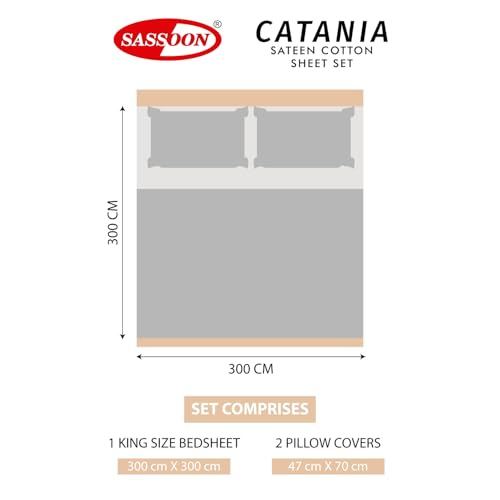Image of Sassoon Catania Cotton Sateen Bedsheet - 400 TC, Super King Size (118 x 118) Inches, Premium Long Staple Cotton, Soft & Breathable, Fade Resistant - 1 Bedsheet with 2 Pillow Covers, Color- Smoke