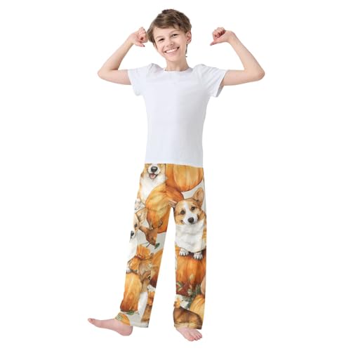 Corgi Dog Pumpkins Floral Boys Long Pants Soft Trousers Elastic Waist Kids Lounge Bottoms with Pockets S-XL3