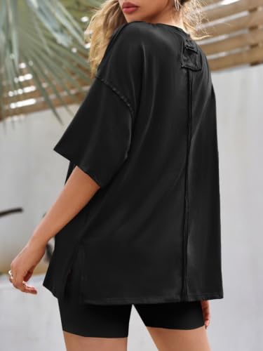 Image of Tankaneo Womens Oversized Tshirts Summer Casual Short Sleeve Crew Neck T Shirt Loose Fit Side Slit Tee Tops