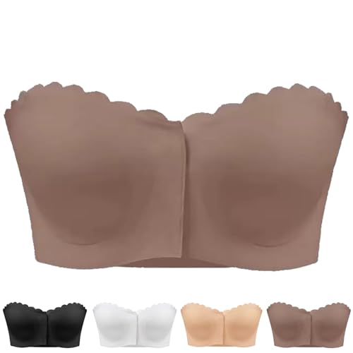 Surpassdo Strapless Bra, Seamless Front Closure Strapless Bandeau Bra, Ultimate Comfort, Non-Slip with Wavy Trim