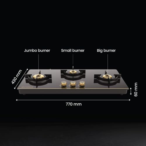 Image of Livspace Intellia 3 Burner Gas Stove | Auto Ignition | Premium Glass Top with Gold Themed knobs | 2 years Warranty | ISI Certifed | Full Brass Burners | 6 mm Toughened Glass | LPG & PNG