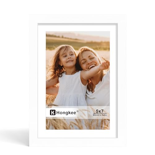 Hongkee 5x7 Picture Frame Made of Solid Wood with Real Glass Display Pictures 4x6 with Mat or 5 x 7 without Mat - Wall and Tabletop (White 1 Pack)